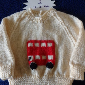 NEW - Hand knitted jumper size 2, cream with big red bus