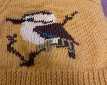 Jersey infantil de punto hecho a mano, con un diseño de cucaburra, tejido en pura lana.
