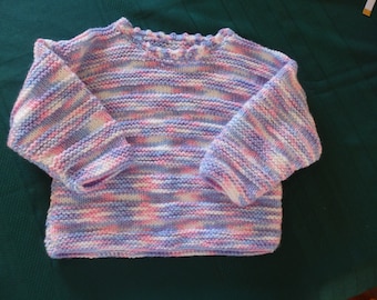 New - Hand knitted jumper,  multicoloured yarn size 2, with a pretty crochet neck line