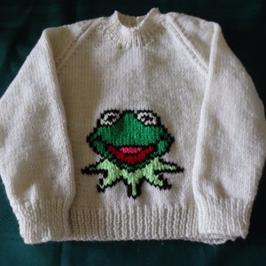 Hand knitted KERMIT Frog, available in sizes 2 to 6, main colour of your choice