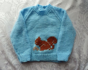 NEW - Hand knitted jumper featuring a squirrel - available in sizes 1 to 4 = different colours available