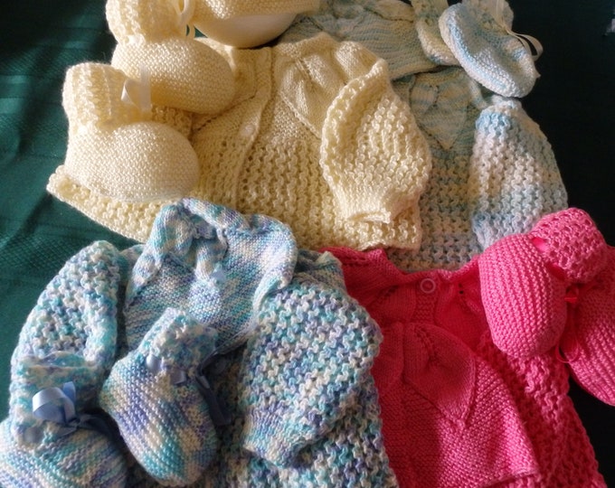 New- Hand knitted baby layettes (sets) various colours, new born