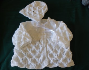 NEW - hand knitted matinee jacket with matching bonnet - size 000 to 00   make to order colour of your choice