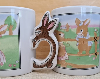 Vintage EASTER mugs, featuring 2 rabbits enjoying a day in the countryside. Rabbit handles