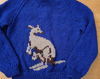 NEW - Hand knitted jumper, choice of main colour sizes 2 to 6 Kangaroo