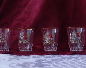 Vintage French Shot glasses set of 6 The Hunt - mid century collectible made in France