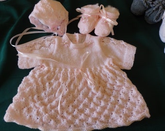 NEW - Hand knitted baby set - dress, bonnet, booties