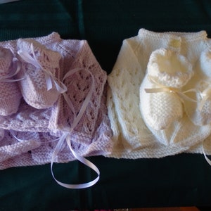 NEW - Hand knitted baby set, matinee jacket, beanie or bonnet and booties, colour of your choice - new born to size 0000 to 00