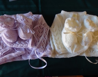 NEW - Hand knitted baby set, matinee jacket, beanie or bonnet and booties, colour of your choice - new born to size 0000 to 00