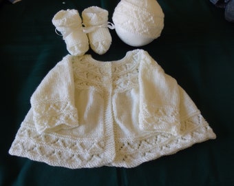 NEW - Hand knitted baby set, matinee jacket, beanie and booties