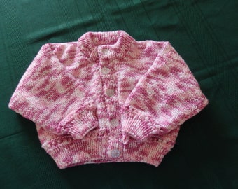 NEW - Hand knitted baby cardigan in pink, white multicoloured yarn, size 1/2