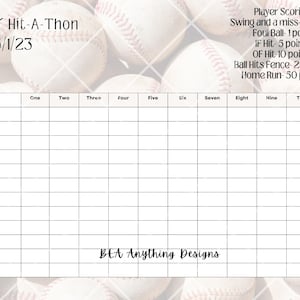 以下が含まれることがあります： 「Hit-A-Thon」イベント用の野球をテーマにしたスコアシート。選手名とスコアリング用のグリッドがあります。シートには日付、チーム名、スコアリングルールが含まれています。背景には野球のパターンがあります。