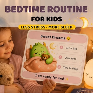 Könnte beinhalten: Ein rechteckiges Schild mit dem Titel Sweet Dreams, das ein grünes Monster und einen braunen Teddybären unter einer rosa Decke zeigt. Das Schild listet drei Schritte auf: 1. Get in bed, 2. Close eyes, 3. Time to sleep, und den Text I am ready for bed.