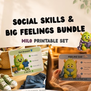 Könnte beinhalten: Ein Bundle aus druckbaren Lernmaterialien mit dem Text "SOCIAL SKILLS & BIG FEELINGS BUNDLE" und "MILO PRINTABLE SET". Das Bild zeigt Karten mit Illustrationen eines grünen Monsters, mit Text wie "Get Dressed" und "FEELING SAD".