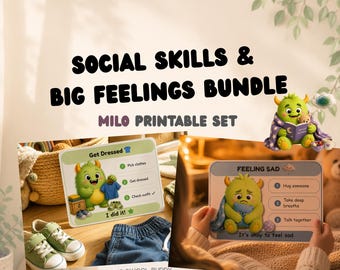 May include: A bundle of printable educational materials with the text "SOCIAL SKILLS & BIG FEELINGS BUNDLE" and "MILO PRINTABLE SET". The image shows cards with illustrations of a green monster, with text like "Get Dressed" and "FEELING SAD".
