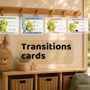 Könnte beinhalten: Eine Reihe farbenfroher Übergangskarten mit einer Cartoon-Monsterfigur. Die Karten sind mit Sätzen wie "Verlassen des Spielplatzes" und "Bildschirmzeit ist vorbei" beschriftet. Der Text "Transitions cards" ist ebenfalls zu sehen.
