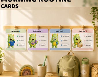 May include: A set of four colorful morning routine cards with illustrations of a green monster. The cards are labeled "Get Dressed", "Eat Breakfast", "Brush Teeth", and "Pack Bag". The words "MORNING ROUTINE CARDS" and "Printable PDF" are also visible.