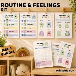 Könnte beinhalten: Ein druckbares PDF-Kit für Kinder mit Routine- und Gefühlstabellen. Das Kit enthält Morgen- und Abendroutine-Tabellen, eine Belohnungstabelle und eine Tabelle "Wie fühle ich mich?". Der Text "ROUTINE & FEELINGS KIT" ist sichtbar.