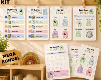 May include: A kit with printable PDF charts for kids, featuring morning and evening routines, feelings, and reward charts. The charts include colorful illustrations of friendly monsters and the text "ROUTINE & FEELINGS KIT".