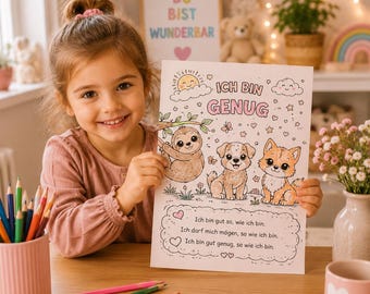 May include: A young girl smiles while holding a coloring page with the words "ICH BIN GENUG" and illustrations of a sloth, puppy, and fox. The page also includes the phrases "Ich bin gut so, wie ich bin" and "Ich darf mich mögen, so wie ich bin."