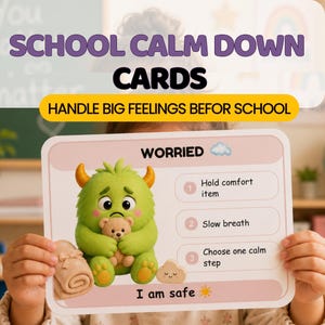 Könnte beinhalten: Eine rechteckige Karte mit der Überschrift WORRIED, die ein grünes Monster mit einem Teddybären zeigt. Die Karte listet drei Schritte auf: Hold comfort item, Slow breath und Choose one calm step. Darunter steht der Text I am safe mit einem Sonnensymbol.
