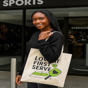 Love at First Serve Tote Bag, Pickleball Player Gift, Eco-Friendly Shopping Bag, Sporty Canvas Tote, Fun Beach Bag