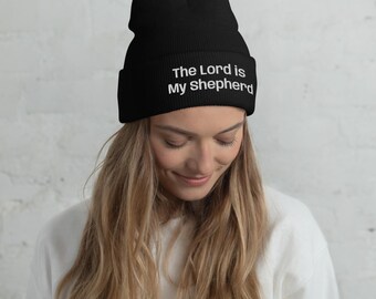 Gorro con puños "El Señor es mi pastor" / Gorro de punto cristiano bordado, gorro de invierno con versículo bíblico, regalo religioso, ropa religiosa