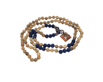 Sandalwood & Navy Blue Lava Stone Mala Necklace