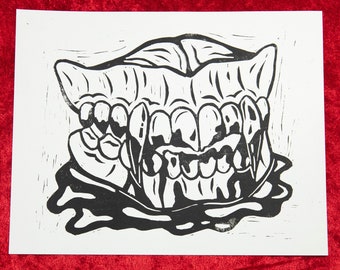Vampire Teeth Linocut Print