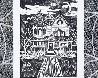 Haunted House Linocut Print