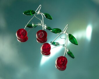 Dangling Cherry Glass Earrings
