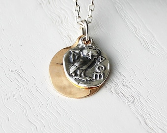 Gold Goddess Athena and owl, Athena pendant