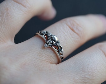 Dainty Gothic Skull Ring Sterling Silver | Thin Stackable Ring | Cubic Zirconia Crown | Dark Academia Jewelry
