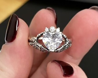 Gothic engagement ring, Claddagh ring, Skeleton engagement ring, skeleton claddagh ring, Witch gift