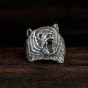 Sterling Silver Bear Ring | Grizzly Bear Head Ring | Mens Animal Ring | 14k Gold Filled Option | Wildlife Jewelry | Gift for Him