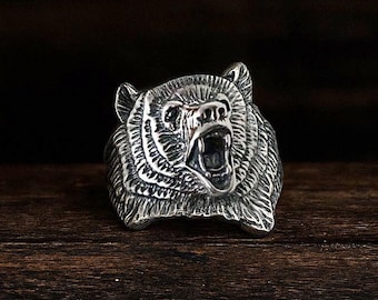 Sterling Silver Bear Ring | Grizzly Bear Head Ring | Mens Animal Ring | 14k Gold Filled Option | Wildlife Jewelry | Gift for Him