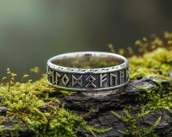 Bague runes en argent sterling 925 | Bande viking des anciens Futhark pour la protection | Cadeau unique de la mythologie nordique