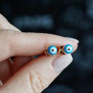 Dainty Evil Eye Stud Earrings | 18k Gold filled studs | Tiny Turkish Nazar | Minimalist Protection Jewelry | Everyday Good Luck Charm
