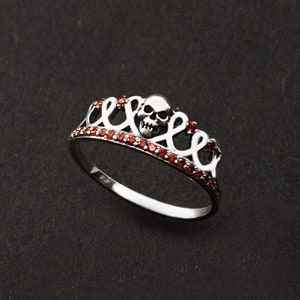 Dainty Silver Crown Skull Ring, Crown Skull Gothic Engagement Ring, Skull engagement ring