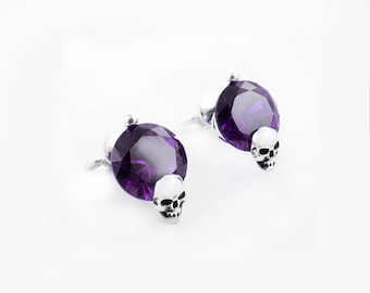 925 Silver Gothic Skull Stud Earrings with Cubic Zirconia