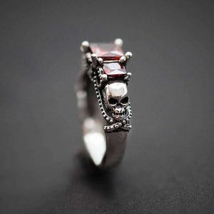 Skulls Three Stone 925 Sterling Silver Dark Gothic Skull Ring, Skull engagement ring,  Skeleton Ring, Witch ring