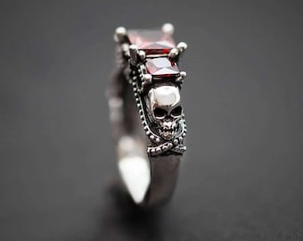 Skulls Three Stone 925 Sterling Silver Dark Gothic Skull Ring, Skull engagement ring,  Skeleton Ring, Witch ring