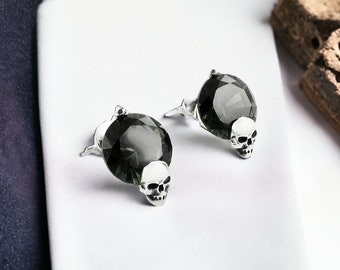 925 Silver Gothic Skull Stud Earrings with Cubic Zirconia