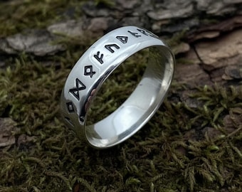 Elder Futhark-runenring | Vikingzilveren band voor heren en dames | Sieraden uit de Noorse mythologie | Gepersonaliseerde cadeau