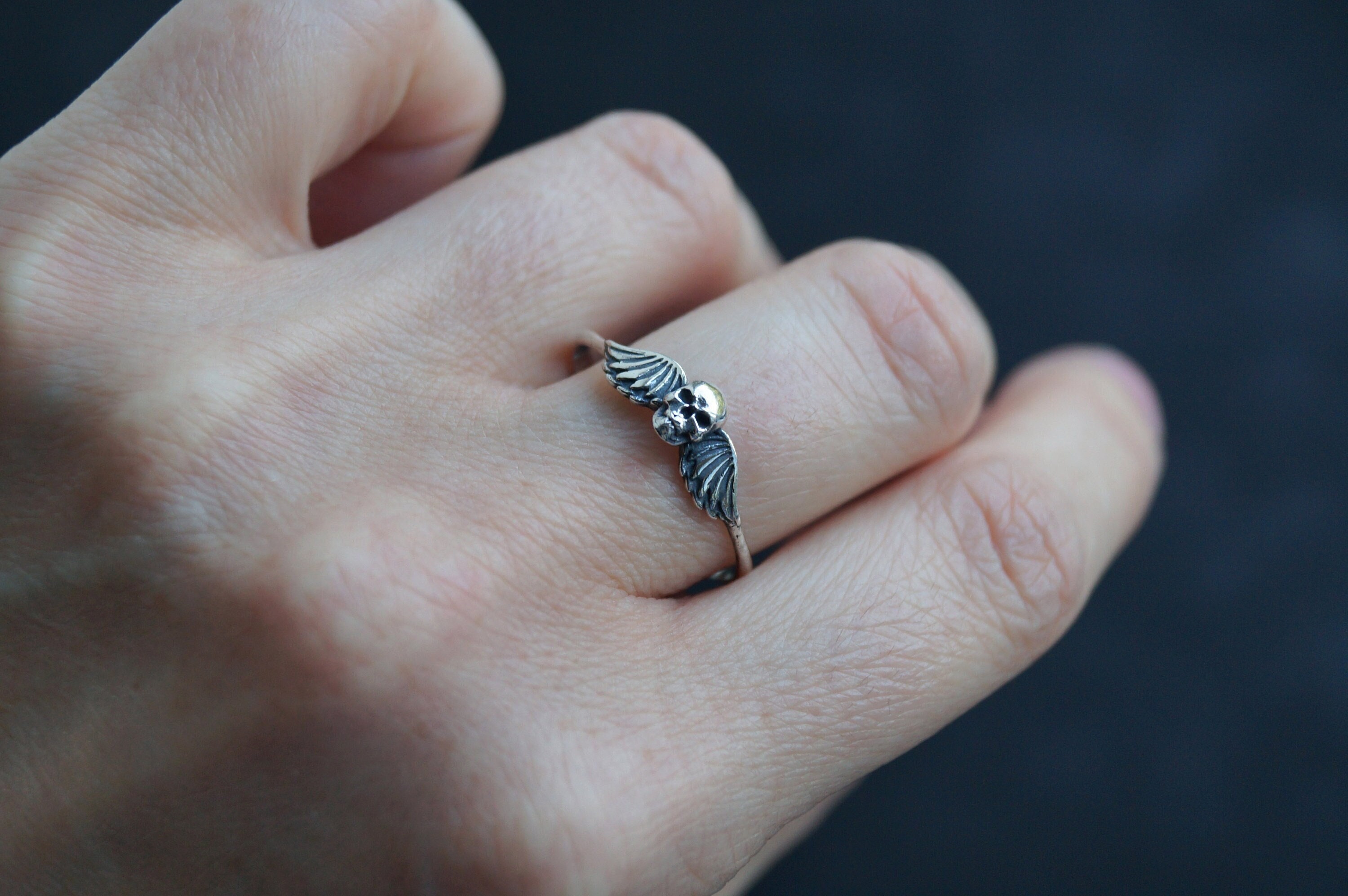 Dainty Silver Winged Skull Ring, Wings Skull Gothic Engagement Ring, biker ring
