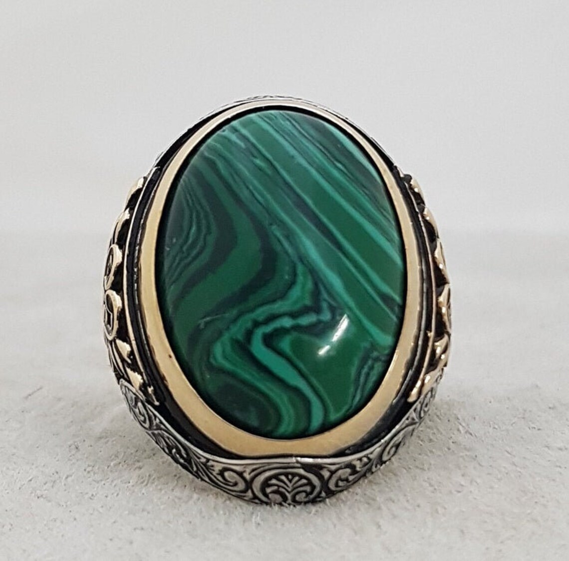Handicraft Malachite Mens Ring Turkish Silver Men Ring Etsy