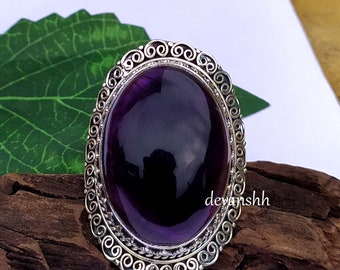 Big Oval Cabochon Purple Amethyst Ring - Handmade 925 Sterling Silver Natural Gemstone Ring, February Birthstone Ring