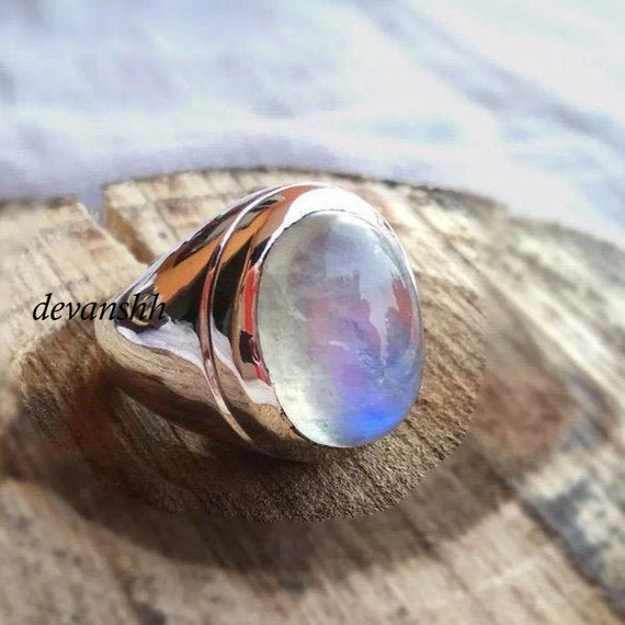 Natural Rainbow Moonstone Ring Sterling Silver Ring Unisex Ring Mens Ring Gemstone Ring Oval Stone Ring June Birthstone Boho Ring