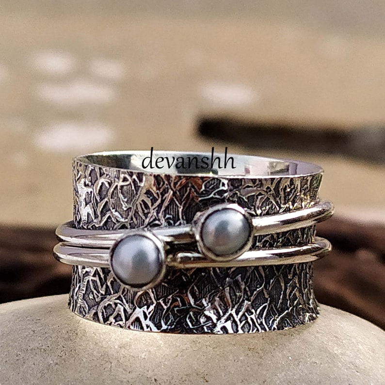Worry Ring Vintage Ring Pearl Spinner Ring Meditation Ring For Women Dainty Ring Statement Ring,Gift Pearl Gemstone Ring Anxiety Ring