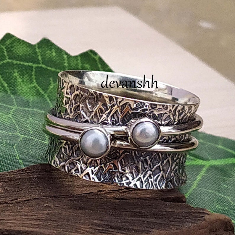 Worry Ring Vintage Ring Pearl Spinner Ring Meditation Ring For Women Dainty Ring Statement Ring,Gift Pearl Gemstone Ring Anxiety Ring